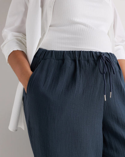 100% Organic Cotton Gauze Straight Leg Pants - 1X / Indigo Blue