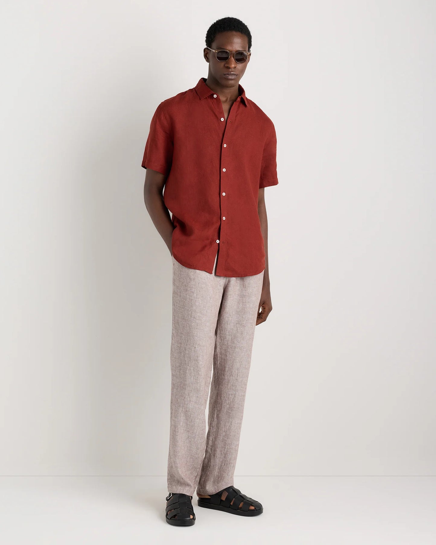 100% European Linen Relaxed Short Sleeve Shirt - XS / Taupe Brown Chambray