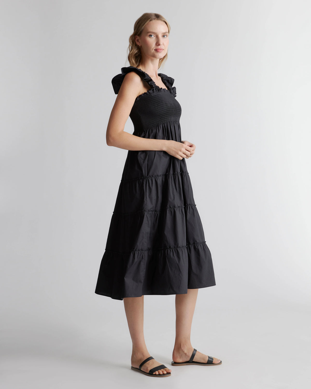 100% Organic Cotton Poplin Smocked Midi Dress - XS / Riviera Blue Heirloom Floral