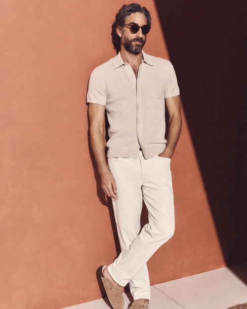 100% Organic Cotton Mesh-Stitch Button-Up Sweater Polo - XS / Speckled Beige