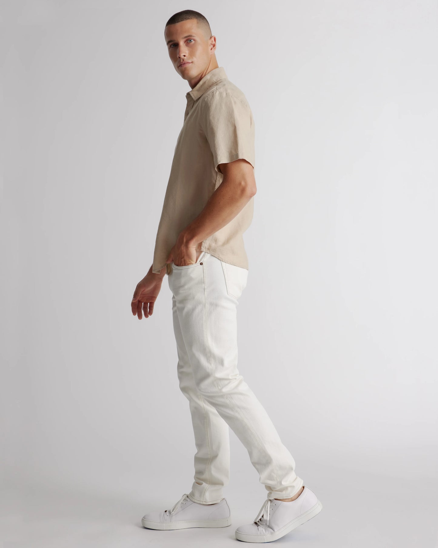 100% European Linen Relaxed Short Sleeve Shirt - XS / Taupe Brown Chambray