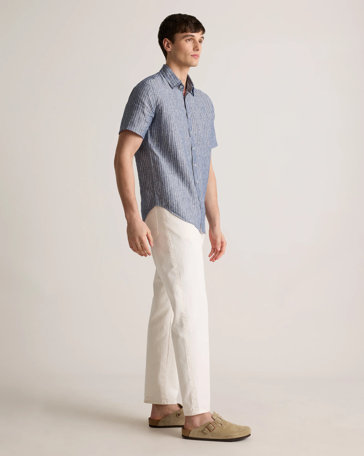100% European Linen Relaxed Short Sleeve Shirt - XS / Taupe Brown Chambray