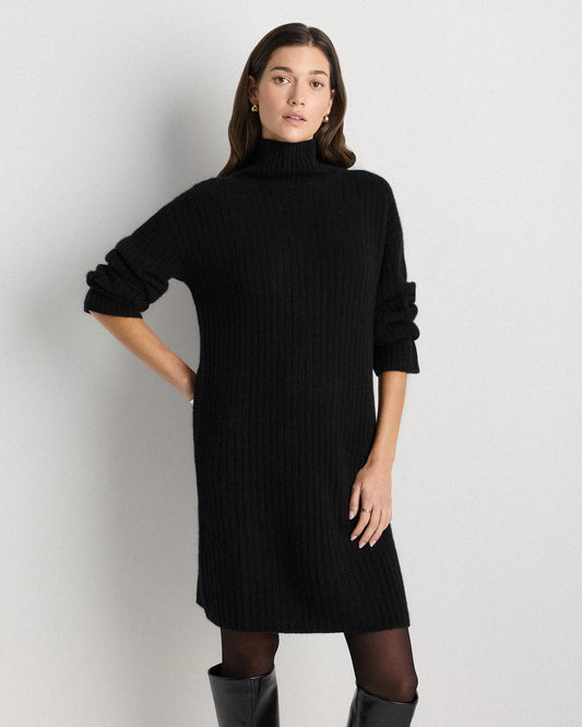 Mongolian Cashmere Ribbed Turtleneck Mini Dress - XS / Black