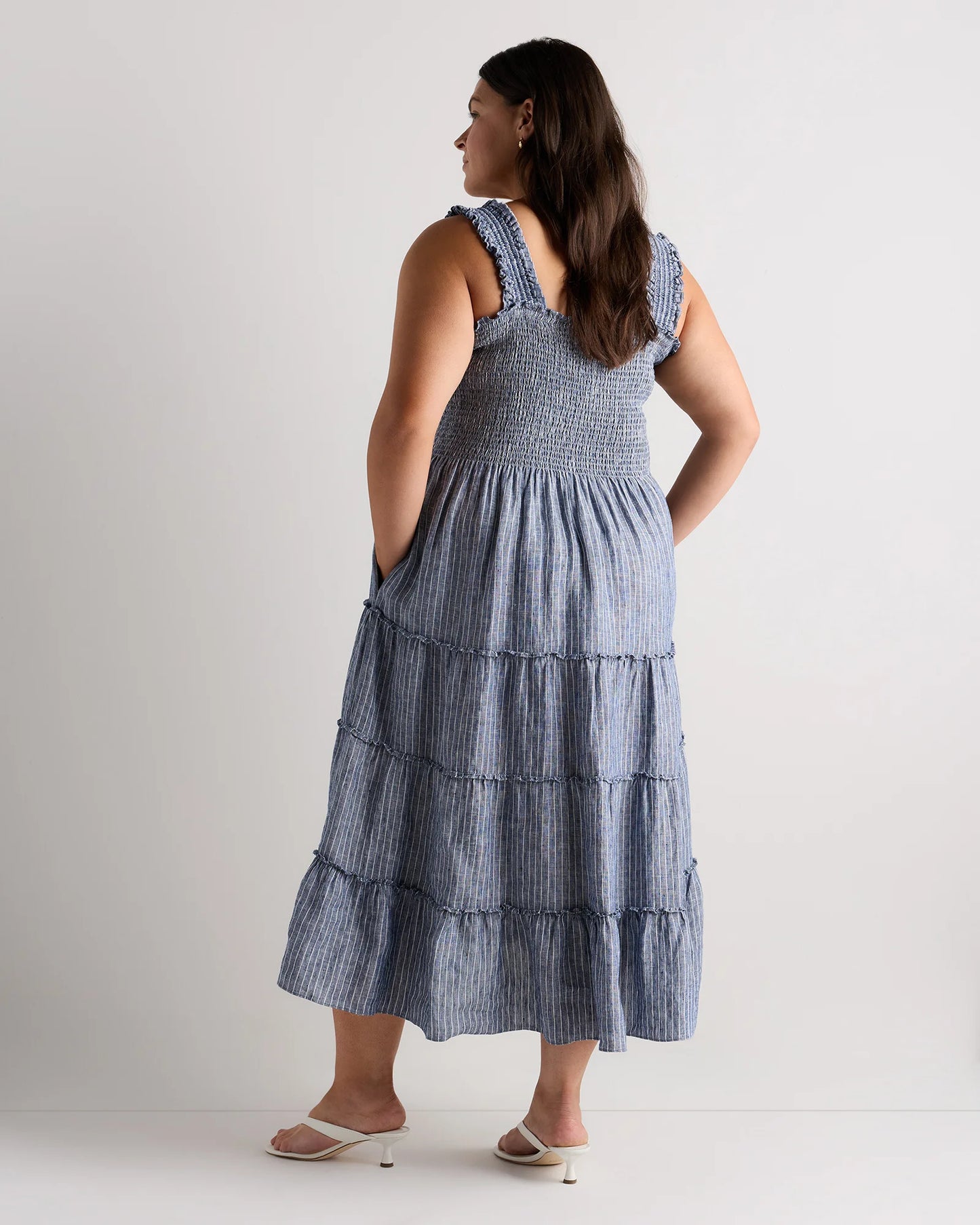 100% European Linen Smocked Midi Dress - 1X / Flax