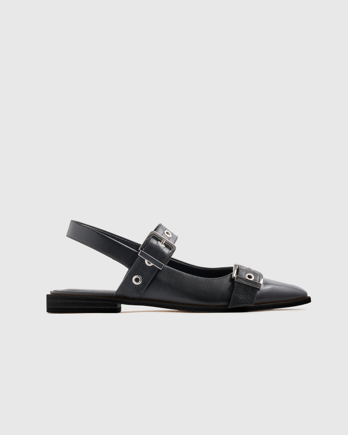 Italian Leather Bold Buckle Slingback Flat - 5 / Black