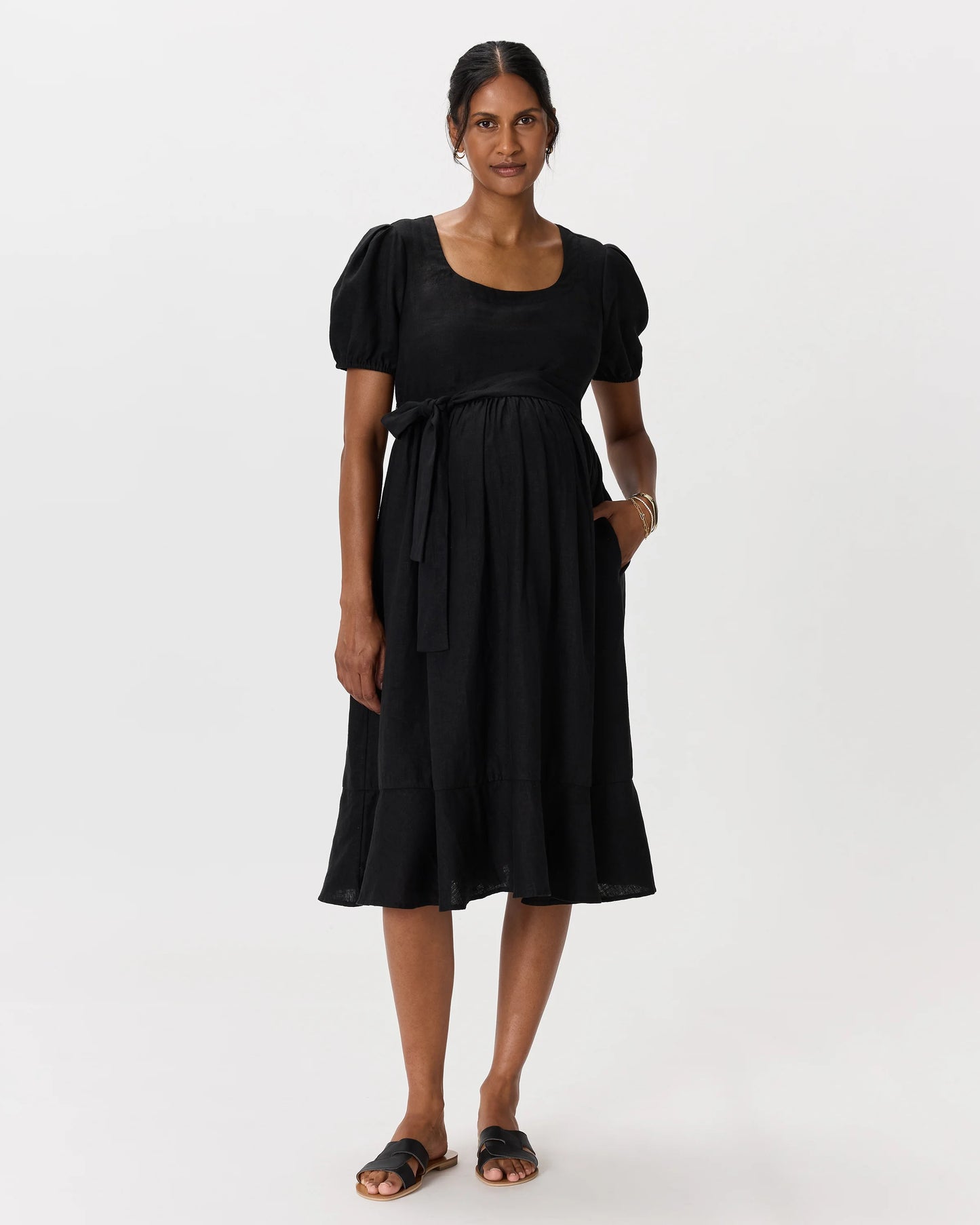 100% European Linen Maternity Short Sleeve Midi Dress - XS / Ivory Porcelain Blue Petite Floral