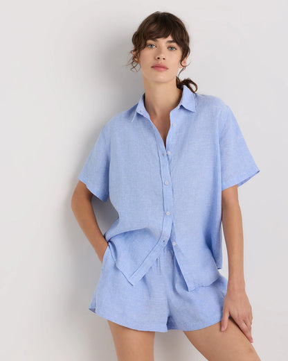 100% European Linen Shorts Pajama Set - XS / French Blue