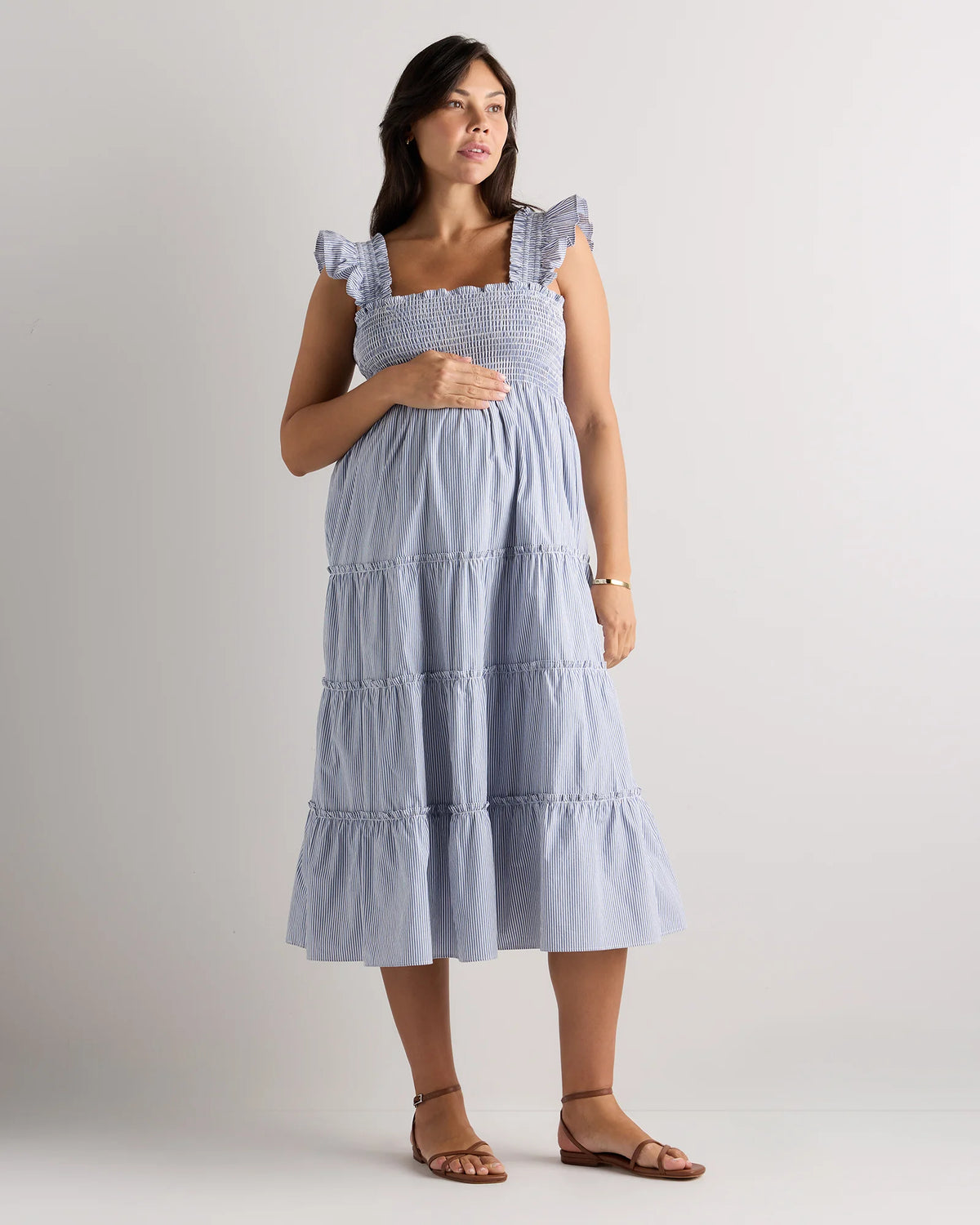 100% Organic Cotton Poplin Maternity Smocked Midi Dress - XS / Classic White