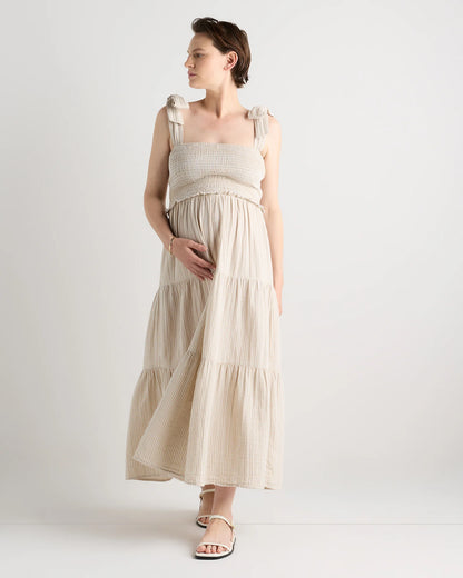 100% Organic Cotton Gauze Smocked Sleeveless Midi Dress - XS / Khaki Gingham