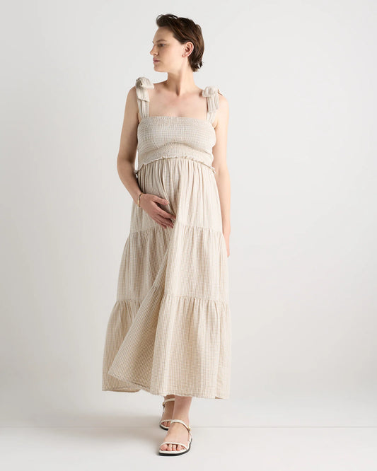 100% Organic Cotton Gauze Smocked Sleeveless Midi Dress - XS / Khaki Gingham