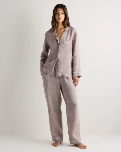 100% European Linen Long Sleeve Pajama Set with Piping - XS / Taupe Brown Gingham