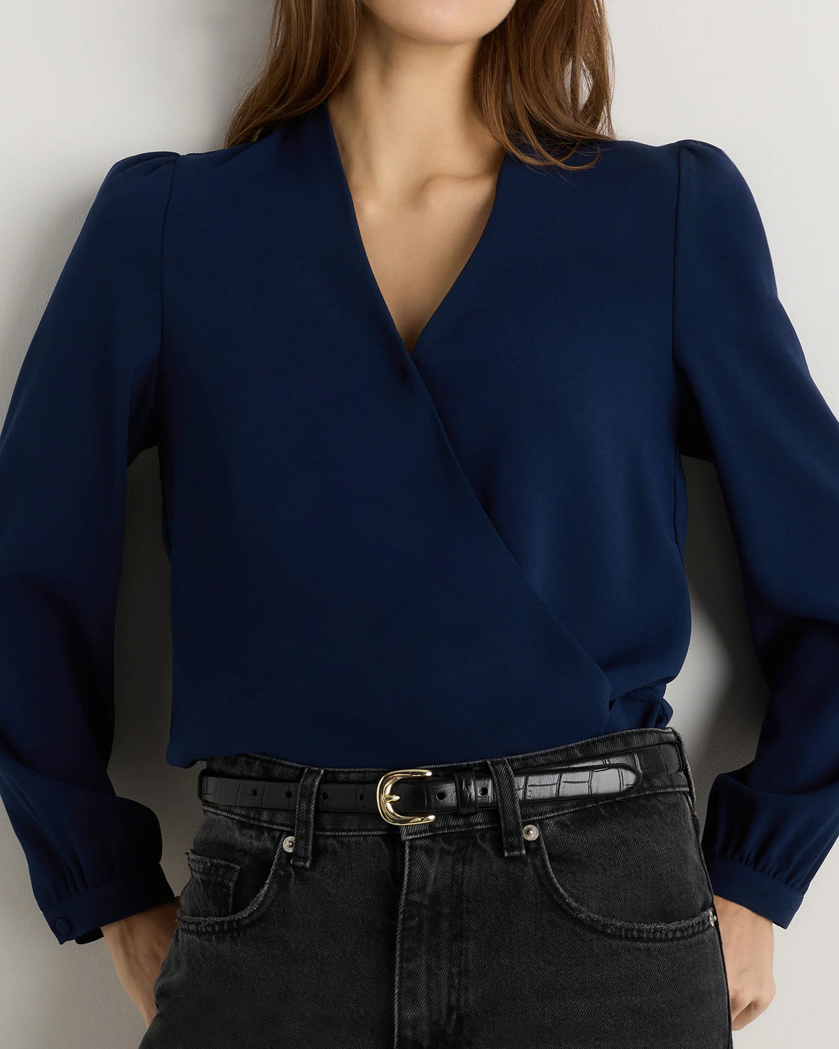 Fluid Crepe Surplice Long Sleeve Blouse - XS / Textured Navy