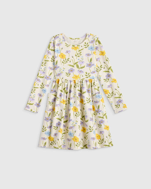 Organic Cotton Long Sleeve Fit and Flare Pocket Dress - 2T / Purple Poppy Garden