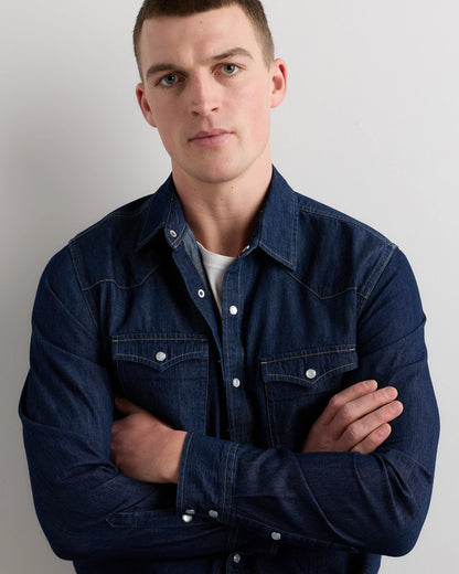 Pearl Snap Denim Western Shirt - S / Clean Rinse