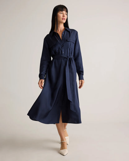 100% Silk Twill Utility Shirt Dress - XS / Hot Fudge