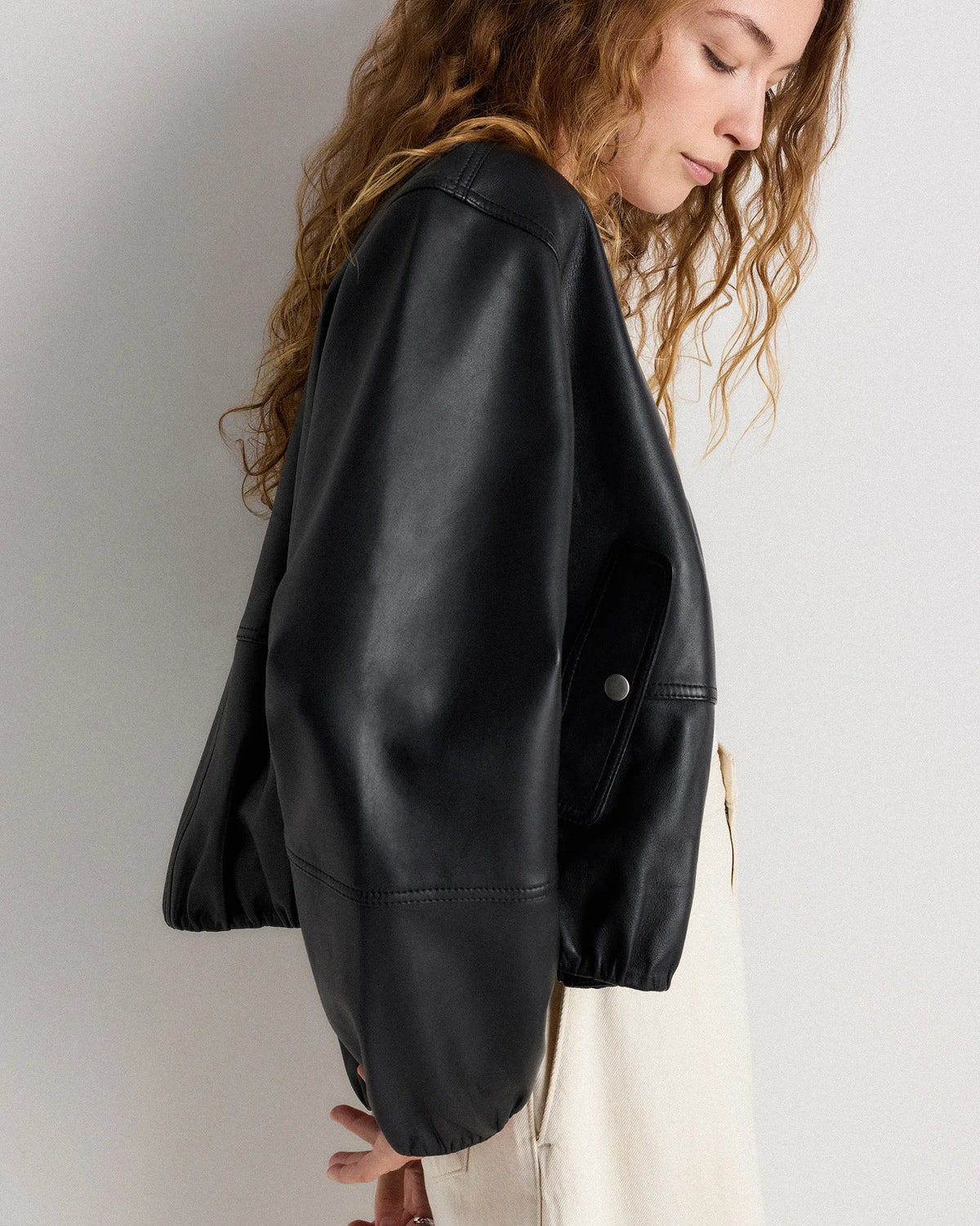 100% Leather Collarless Cropped Bubble Hem Jacket - XS / True Black