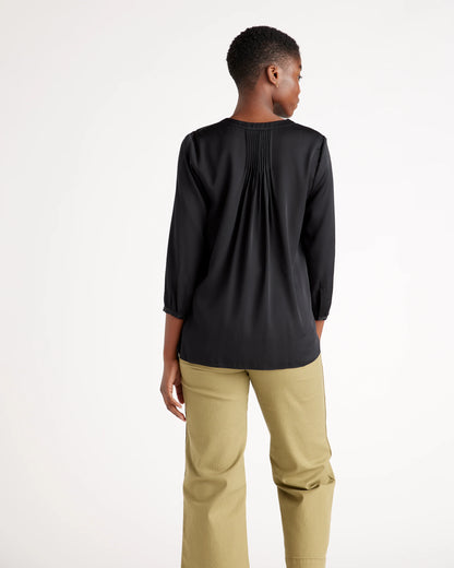 Washable Stretch Silk Pleat Back Blouse - XS / Black