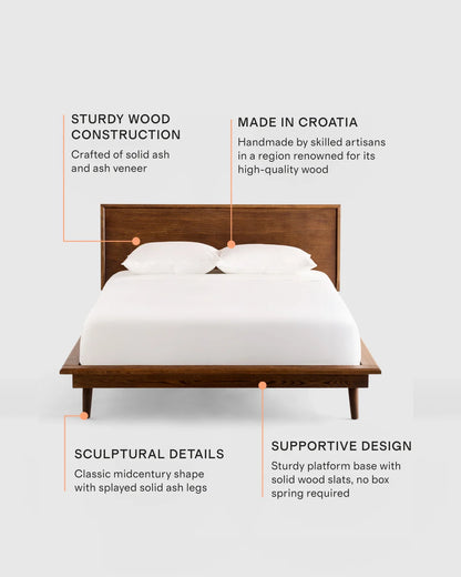 Solid Wood Midcentury Platform Bed - Queen / Chestnut Ash