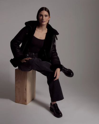 100% Shearling Cold Weather Bomber Jacket - XS / Black