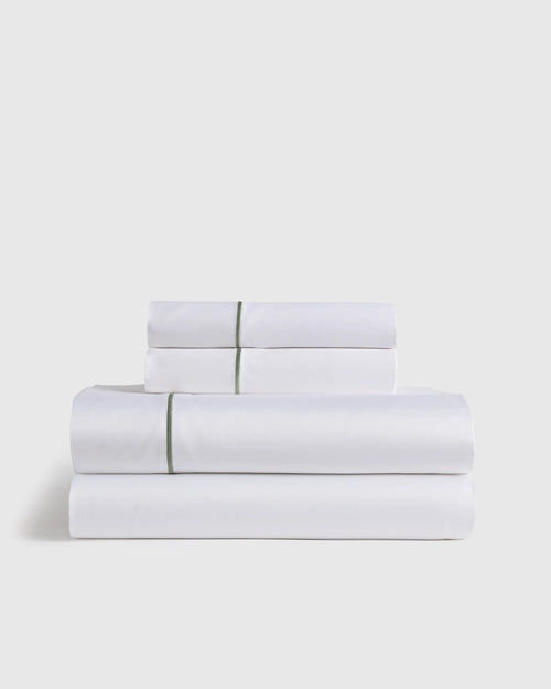 Signature Giza Cotton Sateen Embroidered Sheet Set - Twin / White/Dried Sage