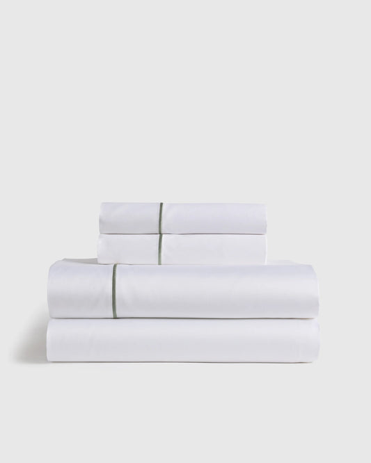 Signature Giza Cotton Sateen Embroidered Sheet Set - Twin / White/Dried Sage