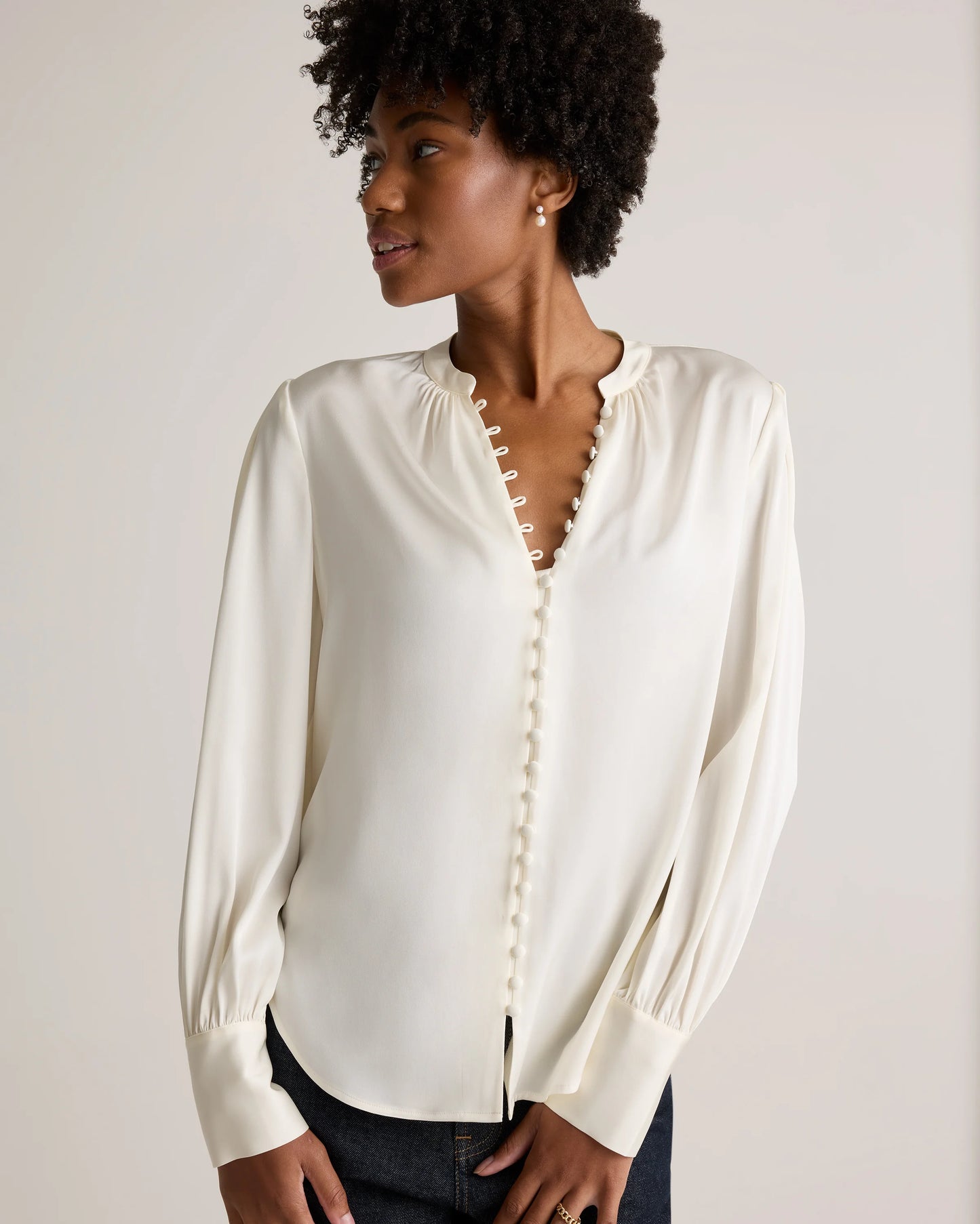 Washable Stretch Silk Peasant Blouse - XS / Ivory