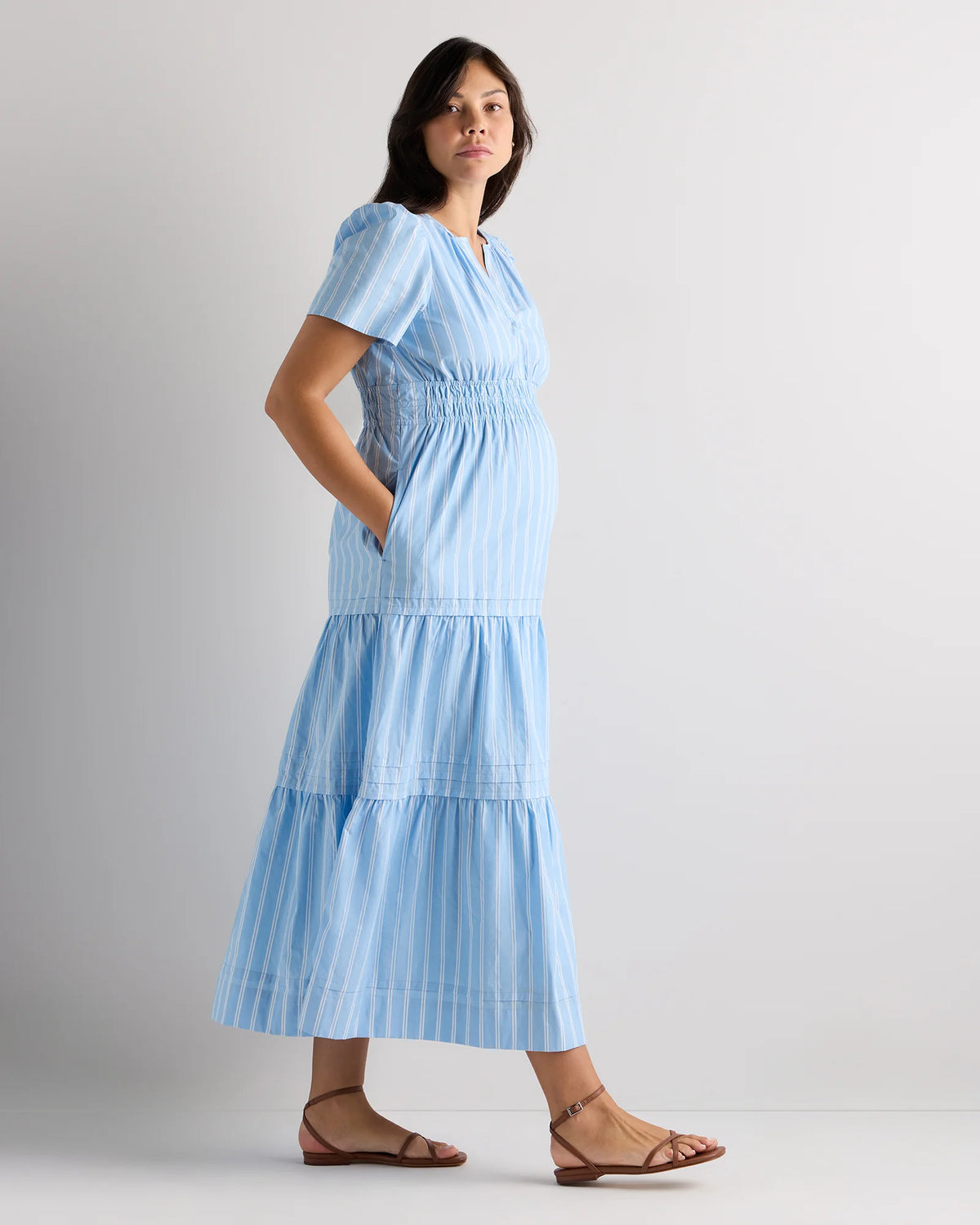 100% Organic Cotton Poplin Maternity Tiered Maxi Dress - XS / Riviera Blue Heirloom Floral