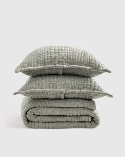 Organic Cotton Channel Stitch Coverlet Set - Twin / Coral Pink