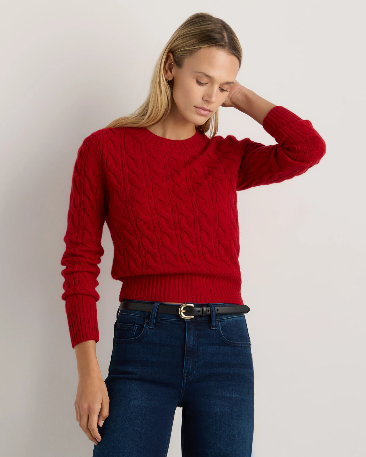 Mongolian Cashmere Shrunken Cable Crewneck Sweater - XS / Varsity Red