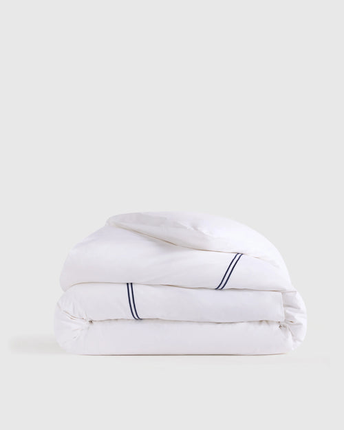 Organic Crisp Percale Embellished Duvet Cover - Twin / White/Navy