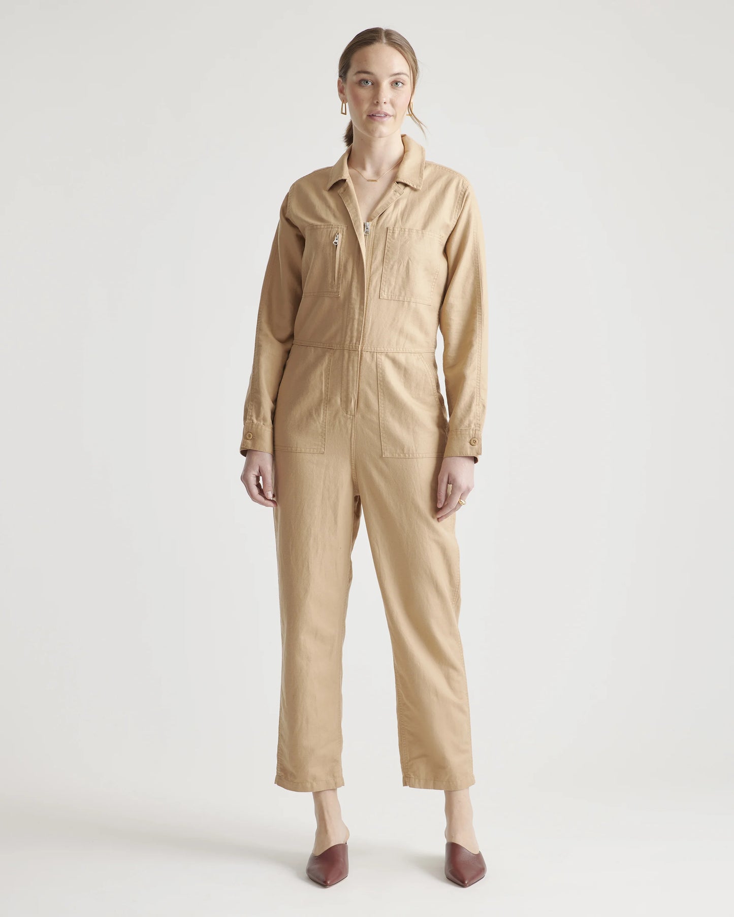 Cotton Linen Twill Long Sleeve Coverall Jumpsuit - XS / Army Green