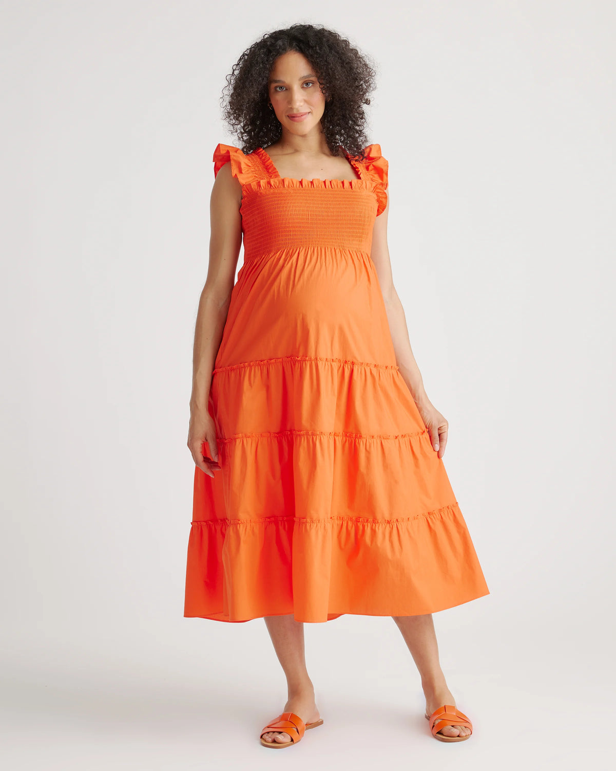 100% Organic Cotton Poplin Maternity Smocked Midi Dress - XS / Classic White