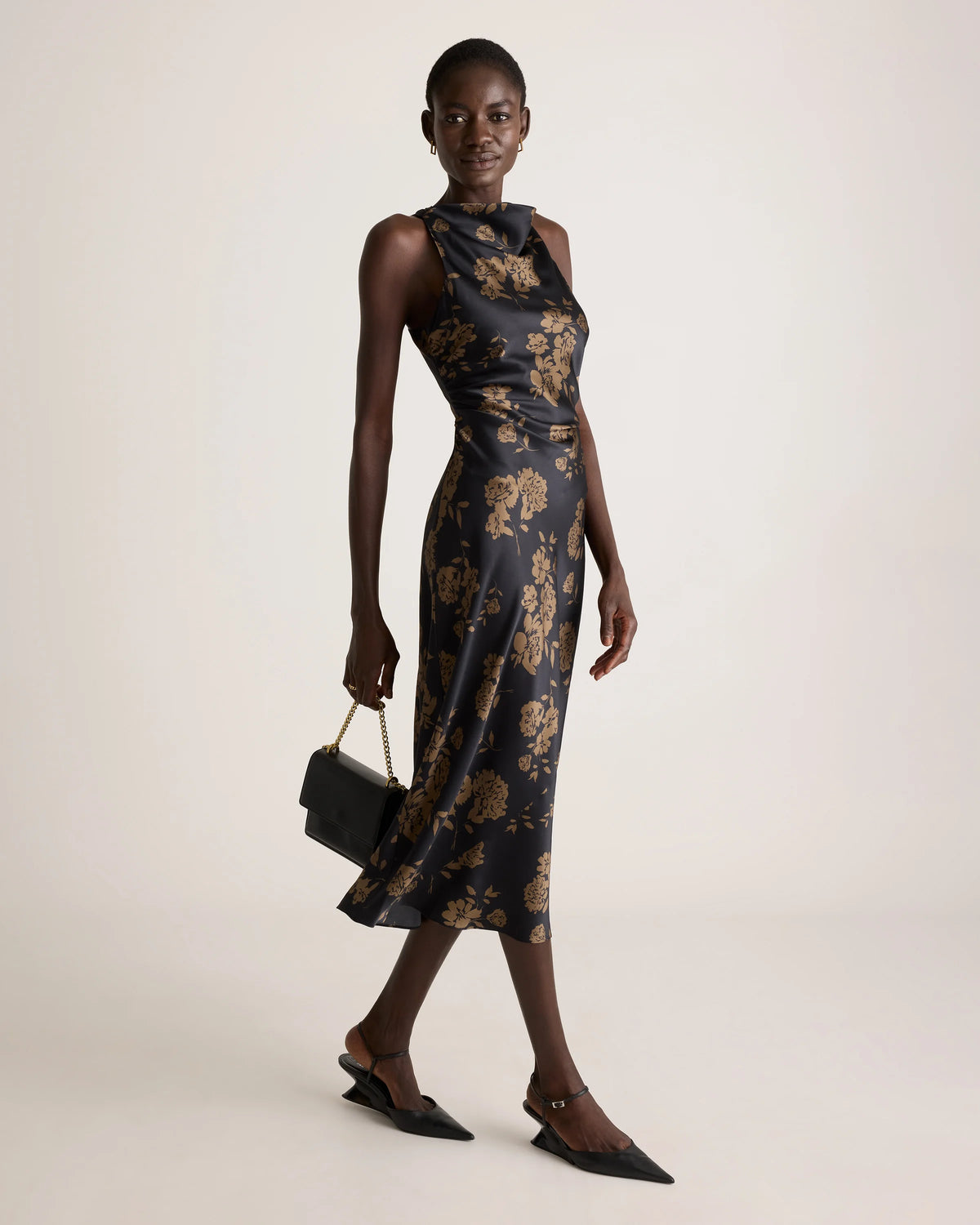 Washable Stretch Silk High Neck Midi Dress - XS / Vintage Navy Roses
