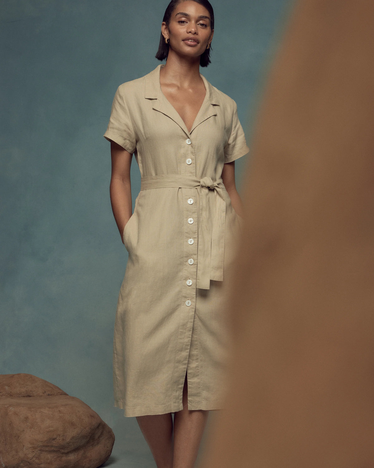 100% European Linen Button Front Dress - XS / Sky Blue Mariner Stripe