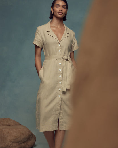 100% European Linen Button Front Dress - XS / Sky Blue Mariner Stripe