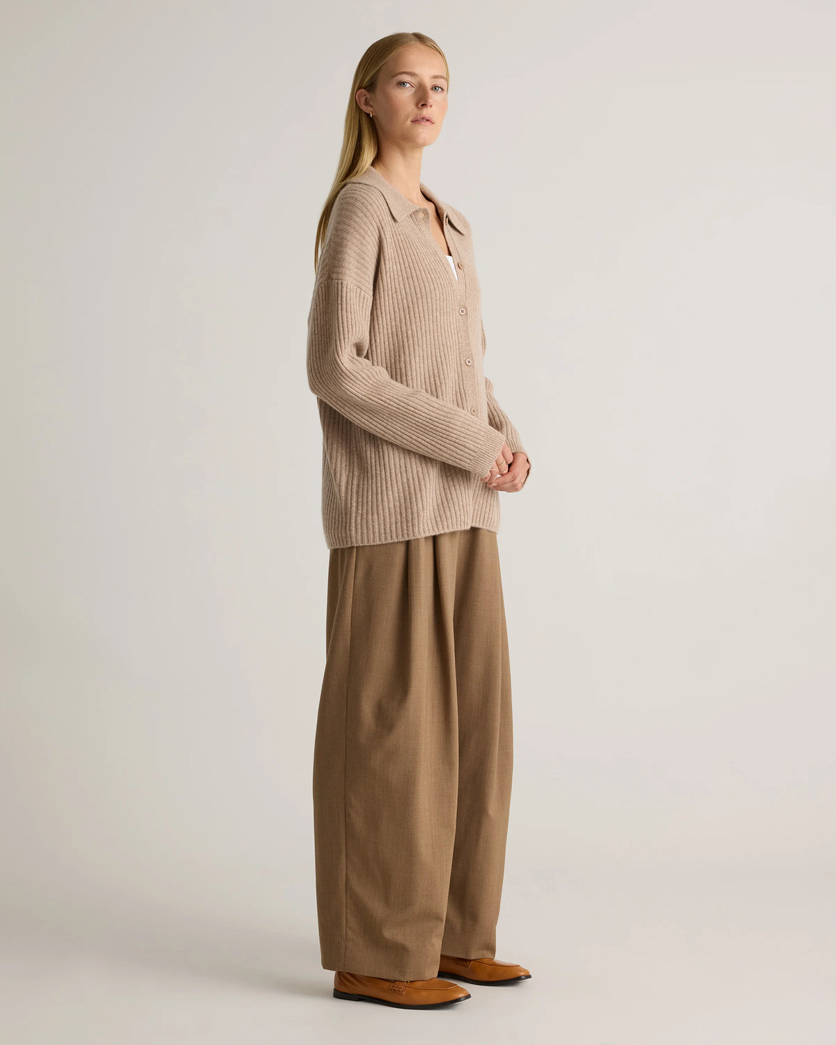 Mongolian Cashmere Wide-Rib Oversized Collared Cardigan - XS / Oatmeal