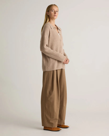 Mongolian Cashmere Wide-Rib Oversized Collared Cardigan - XS / Oatmeal