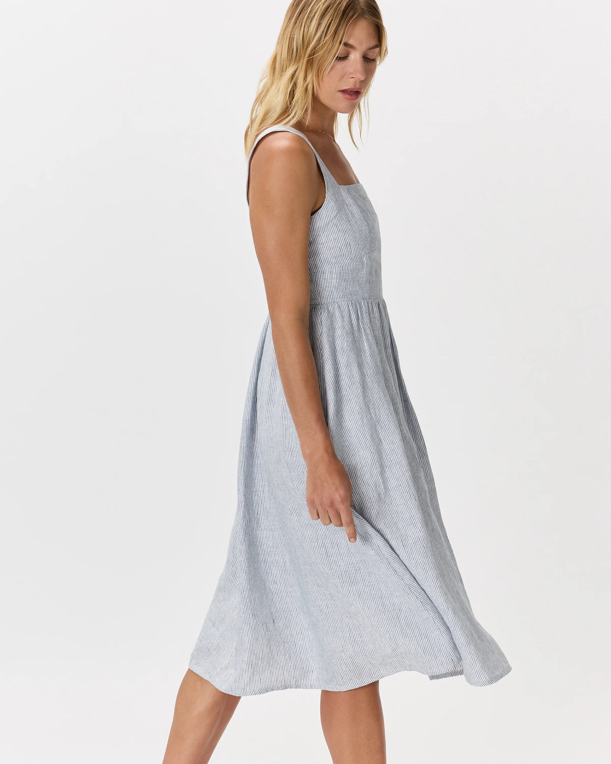 100% European Linen Fit & Flare Midi Dress - XS / Ivory Porcelain Blue Petite Floral