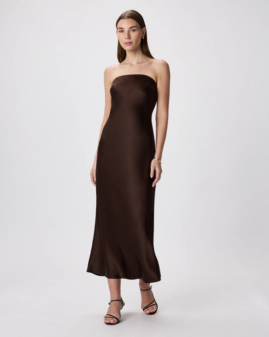 100% Washable Silk Strapless Midi Dress - XS / Hot Fudge