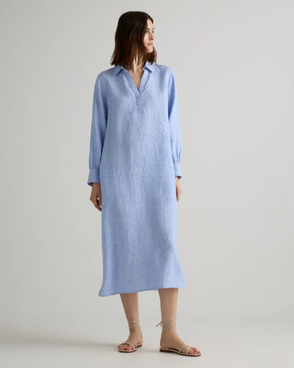 100% European Linen Popover Maxi Dress - XS / Blue Pinstripe