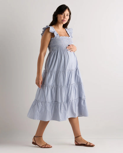 100% Organic Cotton Poplin Maternity Smocked Midi Dress - XS / Classic White
