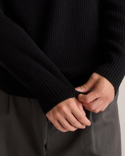 Mongolian Cashmere Waffle Quarter Button Sweater - S / Elk Brown