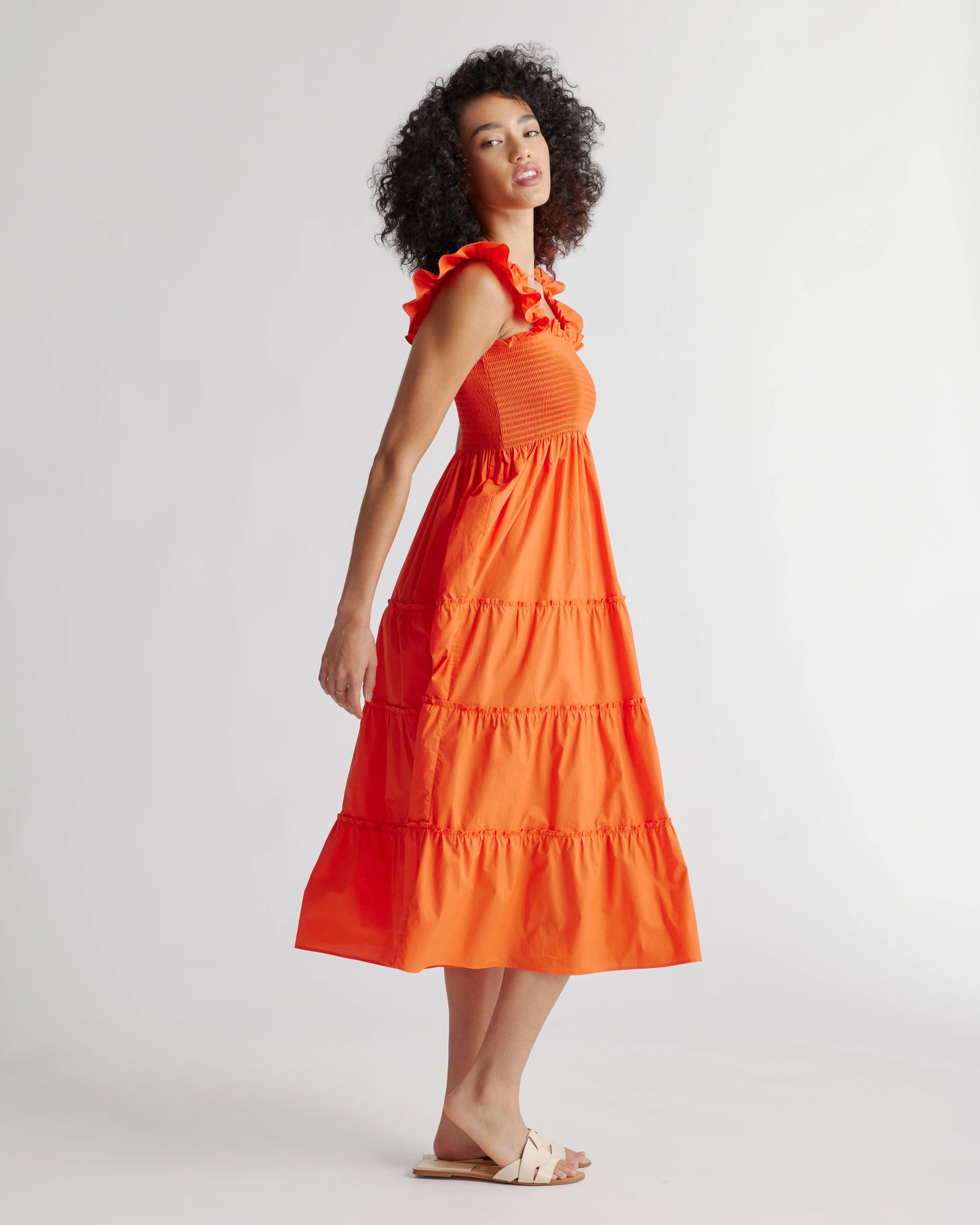 100% Organic Cotton Poplin Smocked Midi Dress - XS / Riviera Blue Heirloom Floral