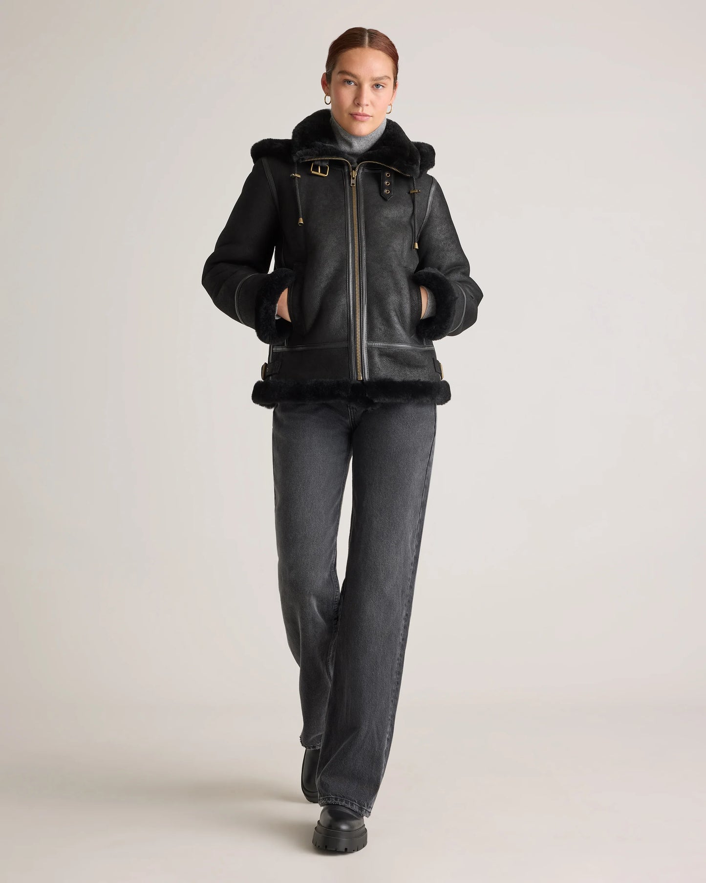 100% Shearling Cold Weather Bomber Jacket - XS / Black