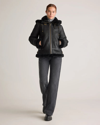 100% Shearling Cold Weather Bomber Jacket - XS / Black