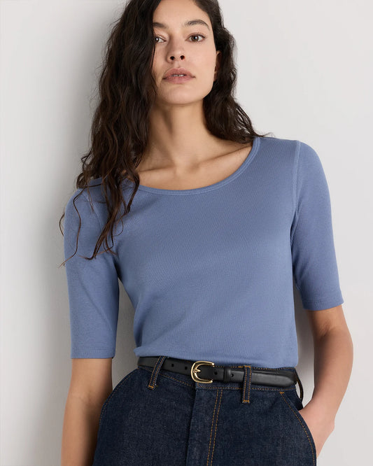 Organic Cotton Micro-Rib Elbow Sleeve Tee - XS / Moonstone Blue