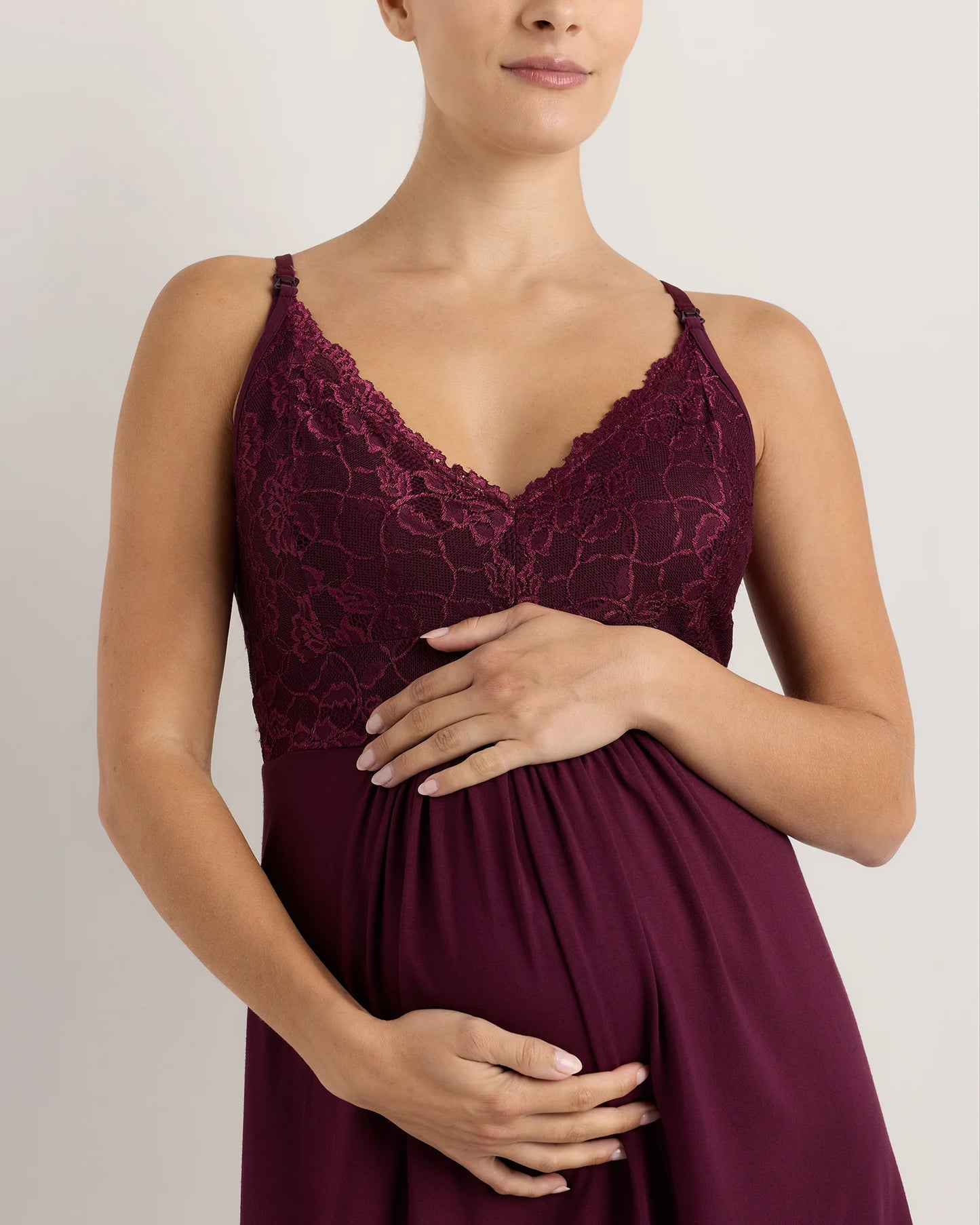 Bamboo Jersey Lace Detail Maternity & Nursing Nightgown - XS / Wine Tasting Red