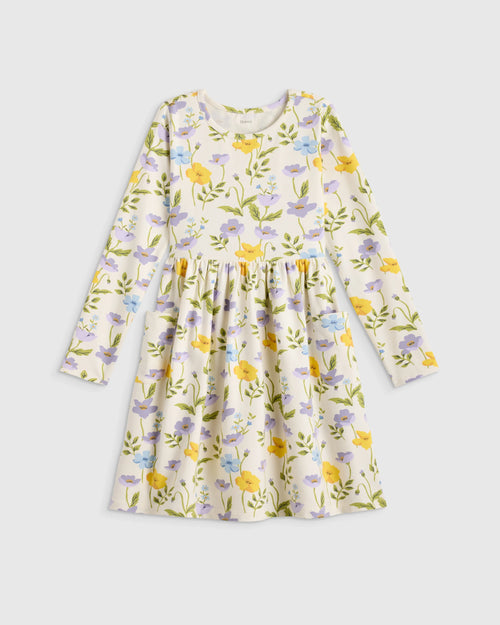 Organic Cotton Long Sleeve Fit and Flare Pocket Dress - 6 / Purple Poppy Garden