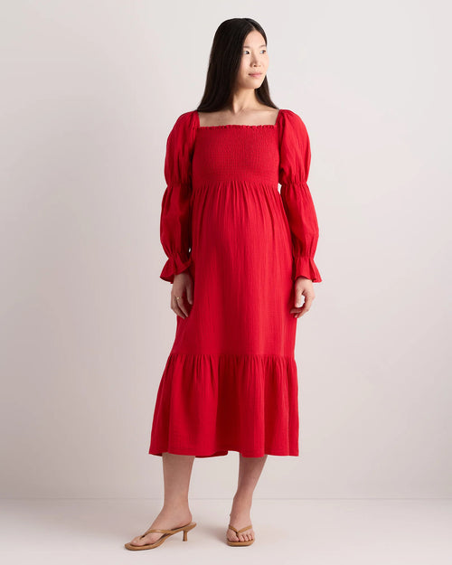 100% Organic Cotton Gauze Maternity Smocked Midi Dress - XS / Wild Cherry