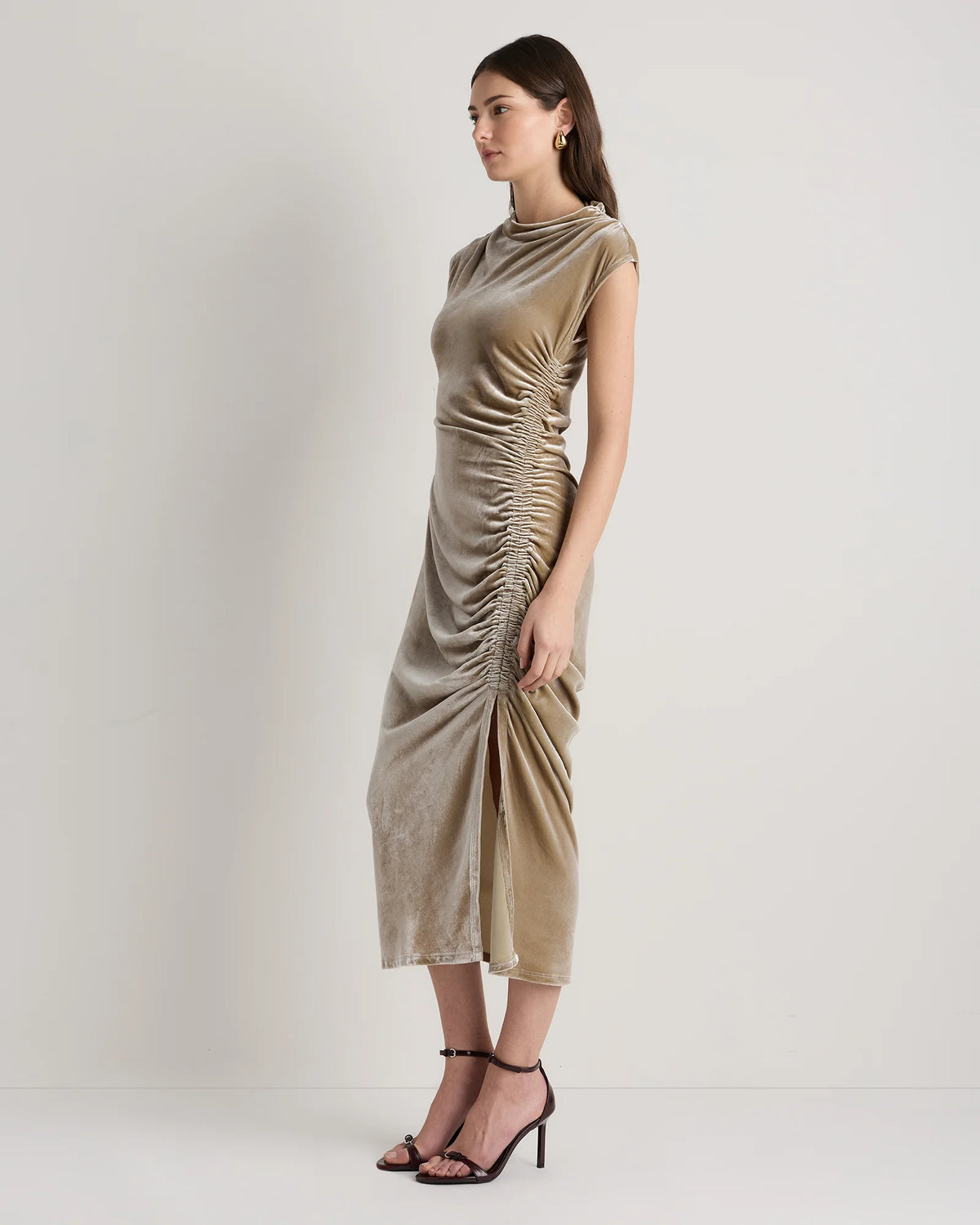 Stretch Silk Velvet Ruched Midi Dress - 0 / Black